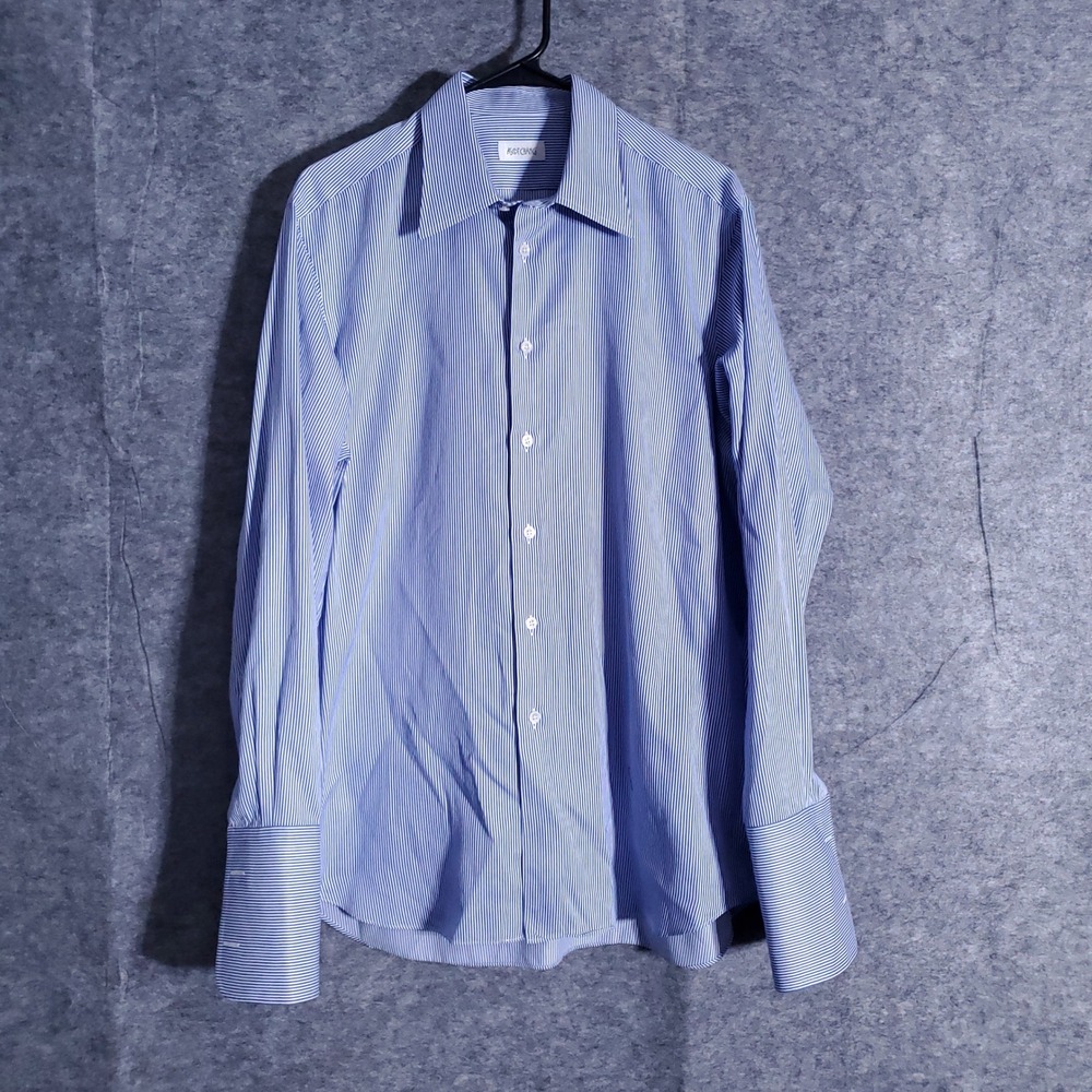 Ascot Chang Dress Shirt Mens L Blue Pinstripe French Cuff 100% Cotton Tailored